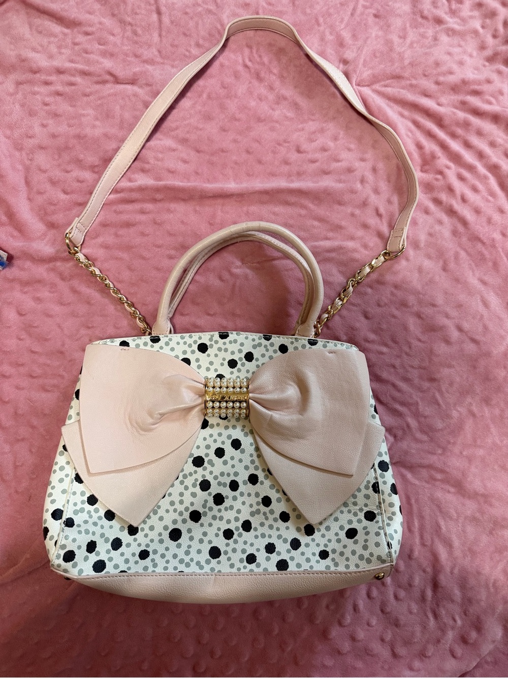 Betsey Johnson Pink and Black Polka Dot Bow Satchel